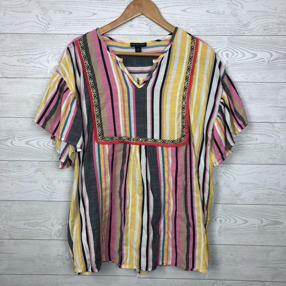 Thread Story Women's Striped Short Sleeve V Neck Shirt Colorful Top Size 2X